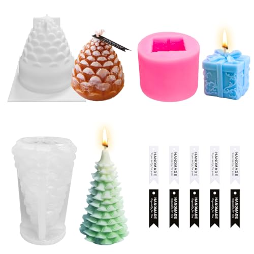 Moule Silicone Noel, 3 Pièces Moule Bougie Noël, Moule Bougie Silicone, Moule a Bougie en Forme de Sapin de Noël, Pomme de Pin, Boîte-Cadeau, Pour dIY Bougie Parfumée, Chocolat, Savon