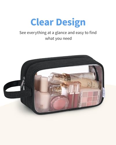 Image of Narwey Clear Travel Toiletry Bags for Traveling Toiletries Men Women, Clear Makeup Bag Cosmetic Bag with Zipper, Make Up Pouch Organizer Bag with Handle, Skincare Beach Snack Medicine Bag, Black