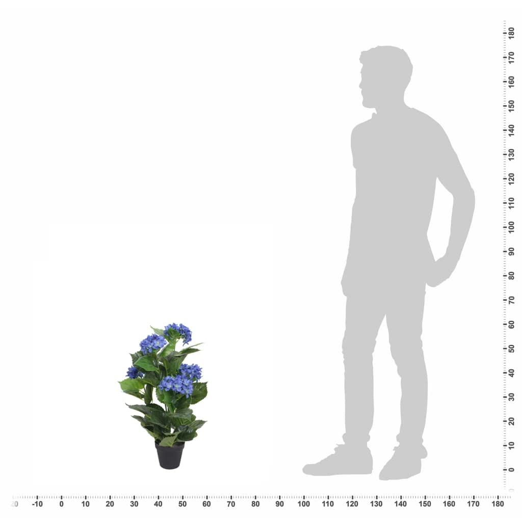 Ortensia artificiale con vaso, 60 cm, blu, pianta artificiale per soggiorno e ufficio, pianta decorativa da interni in poliestere, 51 foglie, 5 fiori, pianta in vaso facile da pulire