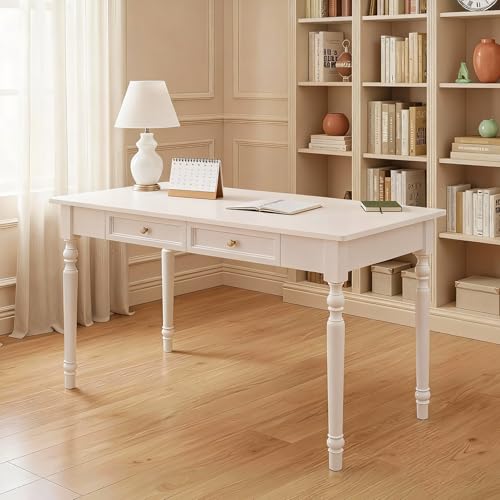 HPOUTABD 47 Inch French Country Writing Desk, Solid Wood Farmhouse Computer Desk with 2 Drawers, Easy Assembly Walnut Office Desk for Home Office, Study, or Bedroom (White)