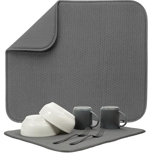 S&T INC. Dish Drying Mat, 16” x 18”, Absorbent Microfiber Kitchen Counter Mat, Drying Pad for Dishes, Utensils, Pots and Pans, Large, Diamond Texture, Grey