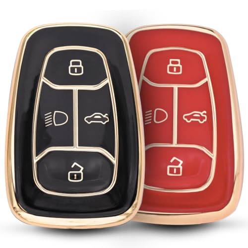 Image of Keycept GoldLine TPU key cover for Tata Nexon | Curvv | Altroz | Harrier | Punch | EV | Safari and facelift 4 button Smart Key with Keychain. (Pack Of 2, Black & Red)