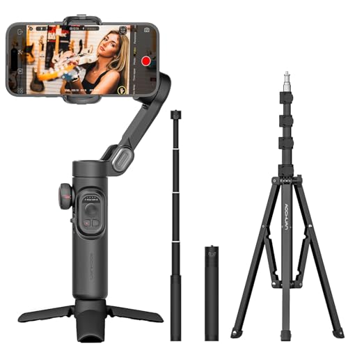 Phone Gimbal Stabilizer 3-Axis Smartphone Foldable Gimbal for iPhone Gimble with Focus Wheel-AOCHUAN Smart XE&AOCHUAN 1.7M Complete Camera Tripod& E10 Aluminum Extension Rod