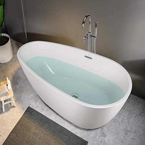 FerdY Freestanding Bathtub 55" x 29.5" New Egg oval shaped Freestanding Soaking Bathtub, Glossy White, cUPC Certified, Toe-Tap Drain & Overflow Assembly Included