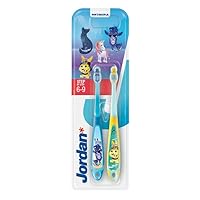 Jordan ® | Step 3 Toothbrush for Children | Toothbrush for Ages 6 to 9 Years | Soft Bristles, Double Ergonomic Handle & BPA-Free | Yelow & Blue | Pack of 2