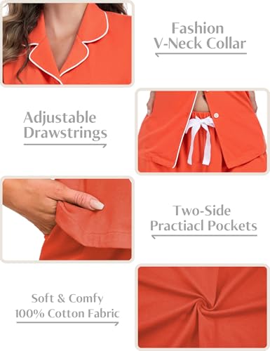 Image of COLORFULLEAF Women's 100% Cotton Pajamas Set Button Down Sleepwear Short Sleeve Shirt and Long Pants Soft Ladies Lounge Sets