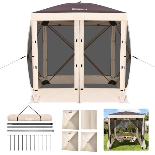 Tecoom 4 Side Pop Up Gazebo Tent, 6x6ft Waterproof Instant Screen with Mosquito Netting, Portable Outdoor Canopy with 4 Removable Wind Cloths, Sun Shelter for Camping, Garden and Picnics, Khaki