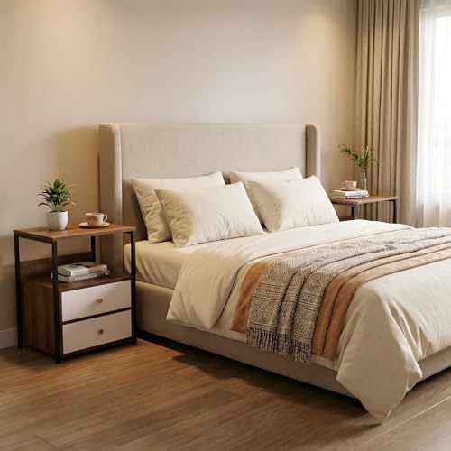 Image of Decor & More Bedside Table with 2 Drawers | Wooden Nightstand for Bedroom with Smooth Sliding Drawers & Open Storage Shelf | Space-Saving Side Table for Living Room | DIY