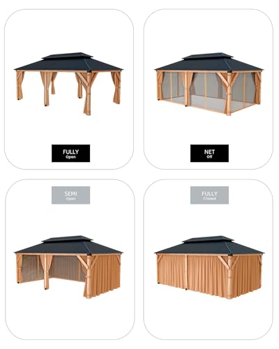 Hardtop Wood Gazebo 12'x20' for All Weather, with Double Metal Roof, Heavy Duty Wooden Frame, Net, and Curtain, Permanent Building for Patio, Deck, Backyard, Lawn, and Garden, Khaki