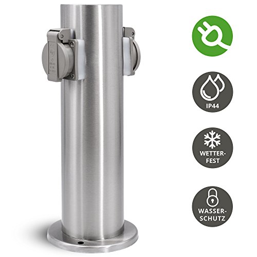 Colonna energetica da giardino per esterni con 2 prese per 230 V – Colonna per presa rotonda in acciaio inox spazzolato con protezione antipioggia IP44