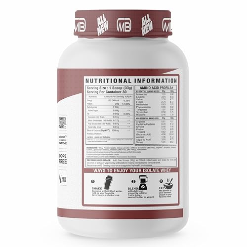 Image of M B Muscle Builder's Whey Protein Isolate 28g Protein, 7g BCAA with added digestive enzymes, Pre Workout or Post Workout, Quick Absorbing & Fast Digesting Whey, Irish Cream Chocolate Flavour, 2lb