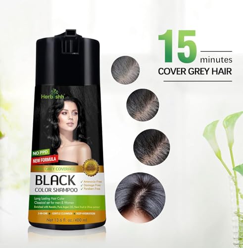 Herbishh Hair Colour Shampoo (Black, 400ml)- No PPD & Ammonia Hair Color for Women & Men| Permanent Dye with 100% Grey Coverage Up To 3 Weeks| 3-in-1 Formula with Keratin & Herbal Extracts
