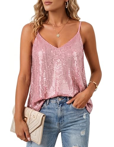 Townshine Damen Pailletten Oberteil Ärmellos V-Ausschnitt Glitzer Shirt Camisole Bluse Party Club Disco Abend Tanktop (DE/NL/SE/PL Alphanumerisch XXL Regular Regular Rosa)