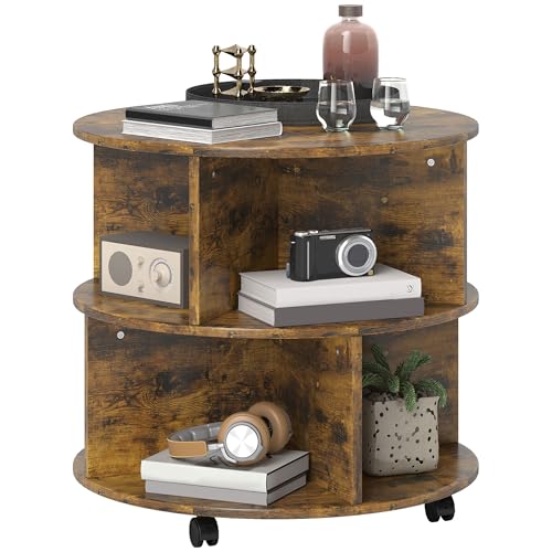 HOMCOM Round Coffee Table, Movable Centre Table with Divided Shelves and Rolling Wheels, 3 Tier Living Room Table, Rustic Brown