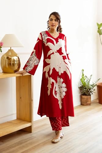 GoSriKi Women's Rayon Viscose Straight Printed Kurta with Palazzo (Cukari Red-VKS03-GS_3XL_Red_XXX-Large)