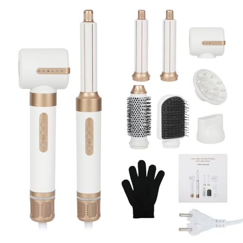 AirStyler 7 In 1, 110000RPM Haartrockner Warmluftbürste Set Schnelltrocknend, MultiHaarstyler Mit 7 Aufsätze, Trocknen, Glätten, Locken, Volumengeben, Massieren Kopfhaut, Ionen Pflege (weiß)