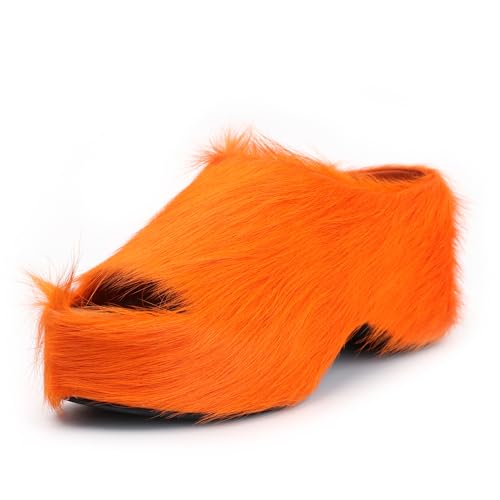 Image of XOBZJH Long-Hair Calfskin Chunky Clog Slide for Women - Memory Foam Luxury Slip on Shoes Women's Mules & Platform Clogs,Designer Mules for Women 2025