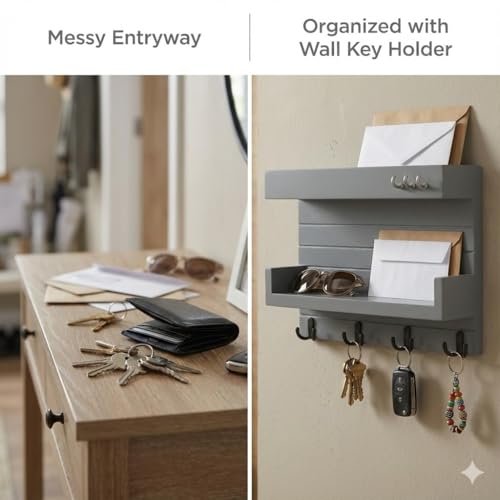 Image of Key Holder for Wall Decorative, Wooden Key Rack Mail Sorter Organizer, Double Shelf Key Hanger Mail Key Organizer, Rustic Home Decor for Entryway Hallway (Grey)