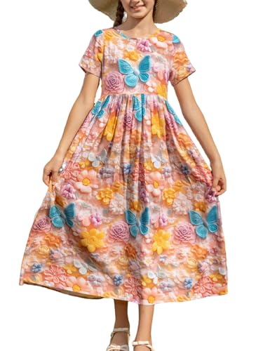 RONGTAI Girls 3D Dress for Girls Printed Short Sleeves Casual Summer Dresses with Pockets for 4-15Y Kids Outfits