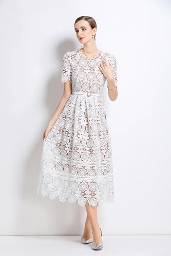 LAI MENG FIVE CATS Women's Flowy Lace Floral Hollow Out Short Sleeve Dress with Belt2