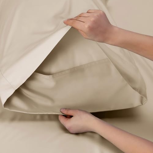 Image of Bedsure Cooling Sheets Twin, Rayon Derived from Bamboo, PureWoven, Breathable & Soft, Deep Pocket Up to 16 Inches, Hotel Luxury Silky Bedding for Hot Sleepers, Beige