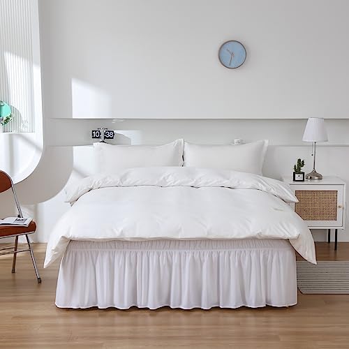 MEILA Wrap Around Bed Skirt Three Fabric Sides Elastic Dust Ruffled 16 Inch Tailored Drop,Easy to Install Fade Resistant-White, Queen/King