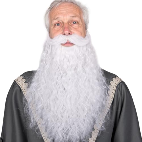 FantaLook 45cm Long Fake Beard Costume for Halloween Wizard Cosplay Realistic Fake Mustache and Beard Accessories for Adults(Sliver White)