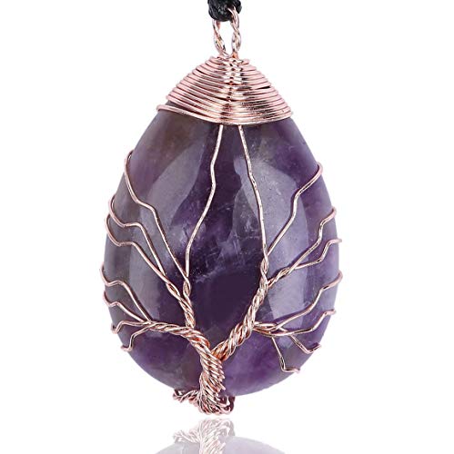 BARBARI Jewelry- Handmade Tree of Life Pendant Necklace Amethyst! Pretty Healing Gemstone braided by Adjustable Length Cord (14