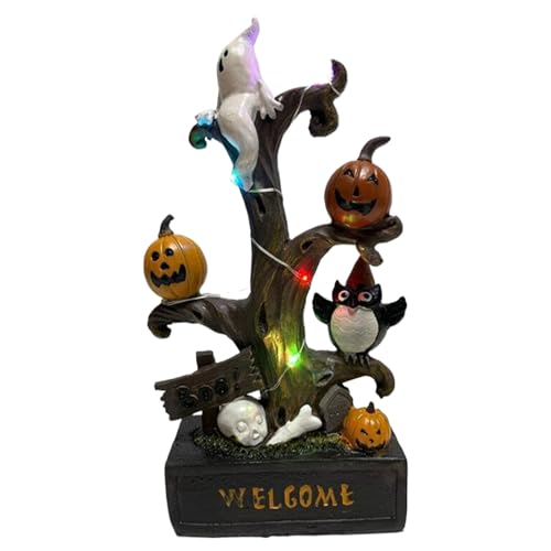 Mendoule ハロウィン用ツリー彫刻,怖い木彫像 ハロウィン オブジェ | カボチャ 幽霊 フクロウ 光付き 季節オーナメント 玄関 マントルピース 窓辺 対応