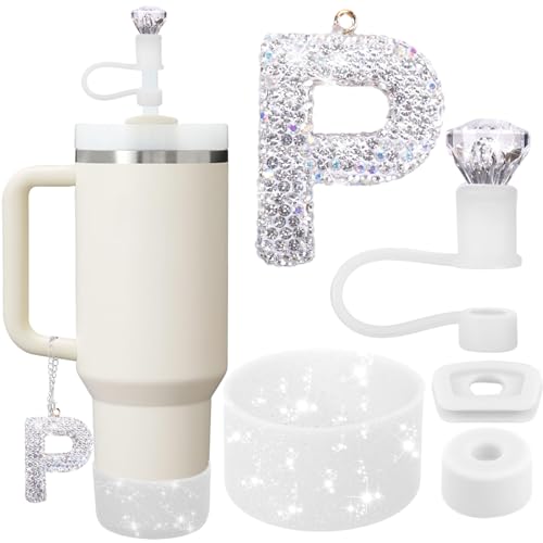 Mity rain Set for Stanley Cup Accessories, Letter Charm for Stanley Cup, Including Diamond Straw Topper, 2 Pcs Silicone Spill Proof Stopper, Sparkly Silicone Boot Set for Stanley Cup 40/30 OZ (P)
