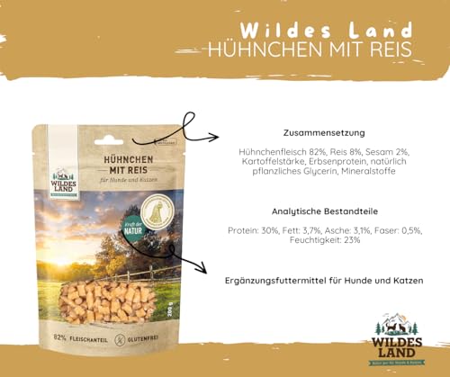 Wildes Land - Hundesnack - Hühnchen mit Reis 2x200g – Fleischsnack für Hunde & Katzen – Monoprotein & glutenfrei – 82 % Huhn – schonend luftgetrocknet – ohne Zucker & Zusatzstoffe
