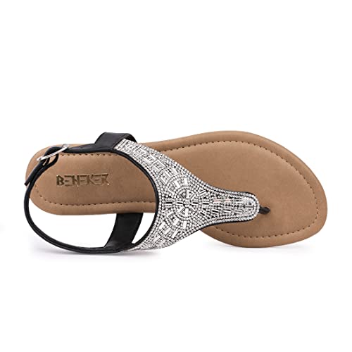 Image of BENEKER Women's Rhinestone Thong Flat Sandals T-Strap Fashion Sandals Ankle Strap Summer Gladiator Sandals