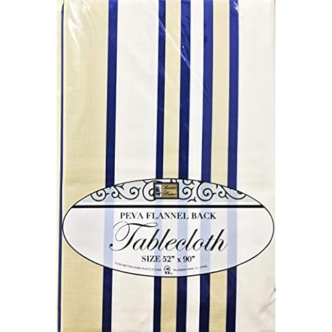 Better Home Kitchen Tablecloth 52" X 90" PEVA Flannel Backed Decorative Color Selection (Blue Tan Stripes) Cover