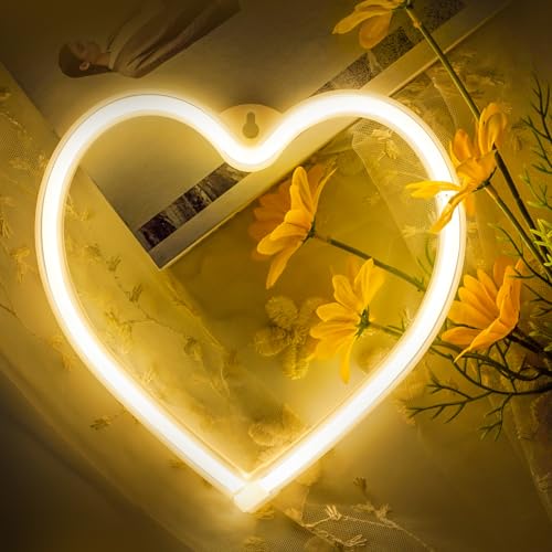 Image of Warm White Heart Neon Sign Battery Operated or USB Powered LED Heart Light | LED Heart Neon Lamp for Valentines Day Wedding Proposal Mother's Day Dorm Bedroom Decor, Gifts for Mom Wife Girfriend Girls