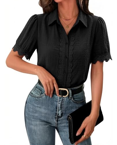 Image of siliteelon Womens Summer Button Down Lace Blouses Lapel Trim Dress Casual Shirts 2026 Fashion Business Short Sleeve Tops