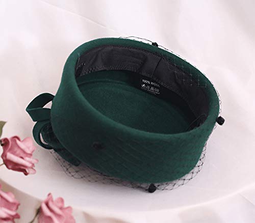 Z&X British Vintage Wool Felt Pillbox Hat Ladies Church Derby Winter Fascinator Hat Veil Flower Fedoras