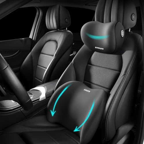 Image of Memory Foam Cars Neck and Lumbar Support Pillow, Removable Cover, Head Rest Support for Cars, Office Chair, Black, 1 Pack (Neckrest & Backrest (Gray))