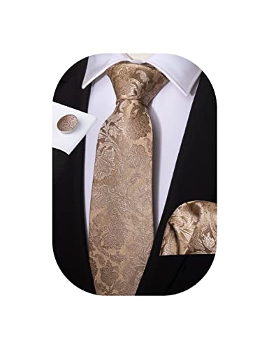 Barry.Wang Flower Ties for Men Handkerchief Cufflinks Set Wedding Necktie Set Party