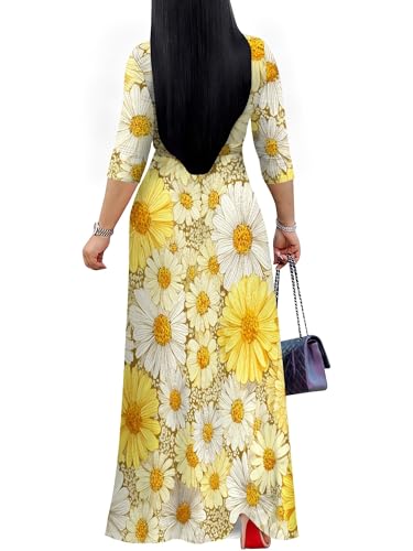 Image of Plus Size Dresses for Women Floral Print Maxi Dress Flowy 3 /4 Sleeve with Belt