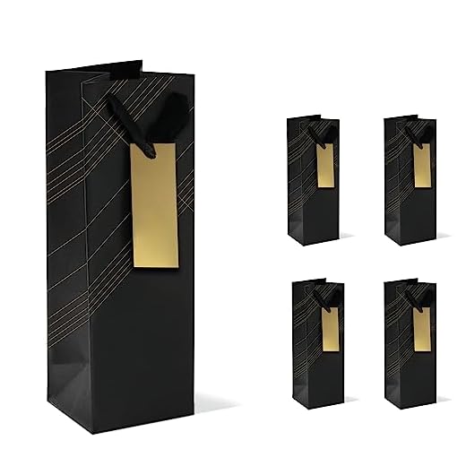 Purple Q Crafts Pacote com 4 sacos de vinho preto para garrafa de vinho uísque/bebidas espirituosas, saco reutilizável com 4 etiquetas douradas, laminado para força extra