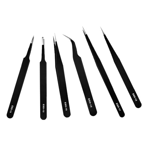 Precision Tweezers Set 6 Piece, ESD Safe Anti-Static Stainless Steel Tweezers for Electronics Repair, PCB Soldering, Jewelry Making, Craft, Model Building and Lab Use with Protective Tip Caps