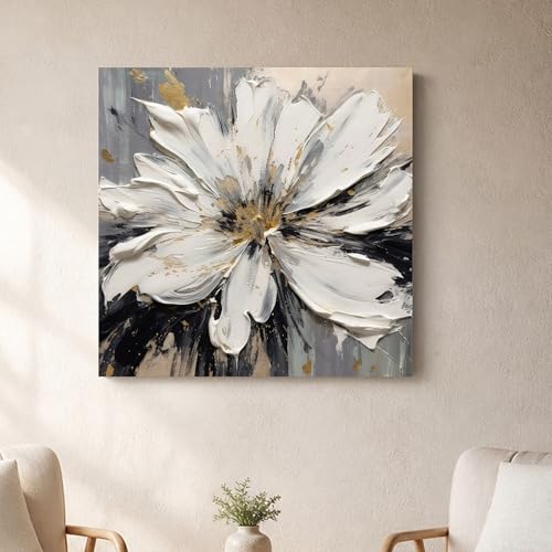 Image of PAINTINGMANTRA Modern Floral Texture Stretched Canvas Painting for Living Room | White Flower Canvas Wall Decor Art For Livingroom, Bedroom, Office, Hallways - 34x34 Inch