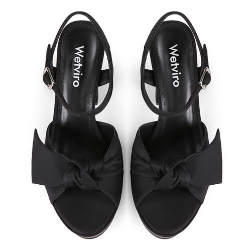 Black Platform Heel Sandals for Women 5.1 Inch Chunky Block High Heel Womens Open Toe with Bow Ankle Strap Wedding Party Dress Sandals3