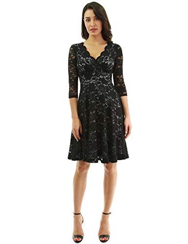 PattyBoutik Women 3/4 Sleeve Lace Overlay Fit and Flare Dress (Black and Gray Large) - Thumbnail 5