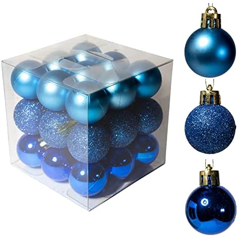 WangLaap 27Pcs 1.18" Blue Christmas Balls Ornaments Small Size Assorted Christmas Tree Decorations Balls with Hanging Strings for Christmas Winter Holiday Party Wedding Decor (Blue) Cover