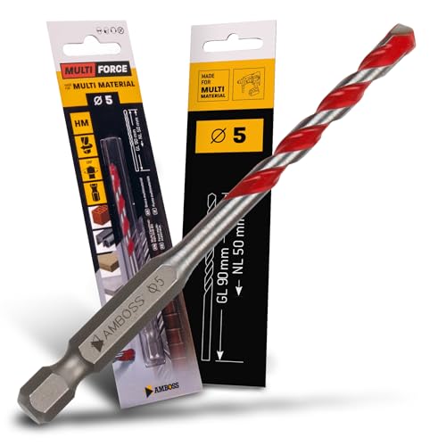 Foret multi-usages HM de 5,0 mm de diamètre – Bois, tôle, plaques de plâtre, profilé métallique, carrelage, maçonnerie, etc. – Outils AMBOSS Multi...