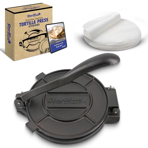 10 Inch Cast Iron Tortilla Press by StarBlue with FREE 100 Pieces Oil Paper and Digital Recipes e-book - Tool to make Indian style Chapati, Flour Tortilla, Roti