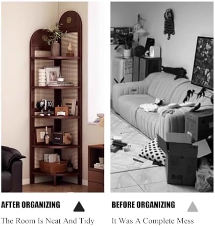 5-Tier Rattan Corner Shelf, Free-Standing Tall Display Rack for Living Room, Bedroom, Office & Balcony – Sturdy Feet, Narrow Design, Space-Saving Storage Solution (Brown)