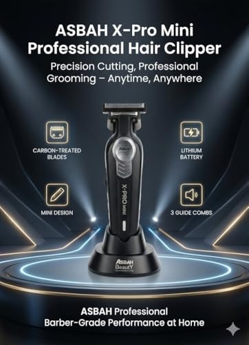 Image of ASBAH Professional X-Pro Mini Hair Clipper - High Efficiency, 3 Guide Combs, Carbon-Treated Precision Blades, Super Silent, Lithium Battery, One-Year Warranty, Lifetime Repairs & Service