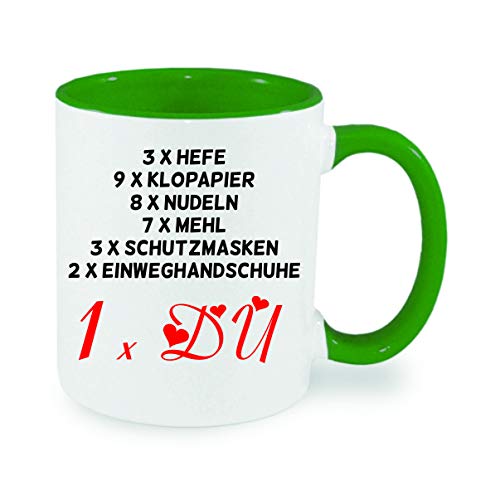 3x Hefe, 9x Klopapier ... 1x Du Kaffeetasse mit Motiv, Tasse mit Druck, auch individuell mit Spruch, Foto, Wunschtext, Wunschname (Grün)